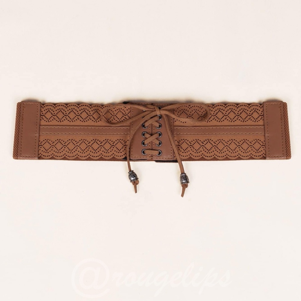PU Wide Corset Laser Cut Hollow Out Brown Belt Boho - Picture 2 of 6